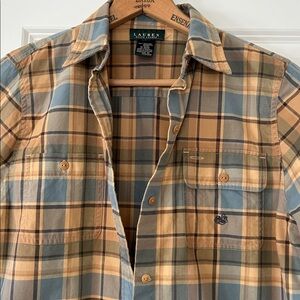 Lauren Ralph Lauren Plaid Shirt w Pocket Gold-Tan, Gray-Blue Med. w MEASUREMENTS